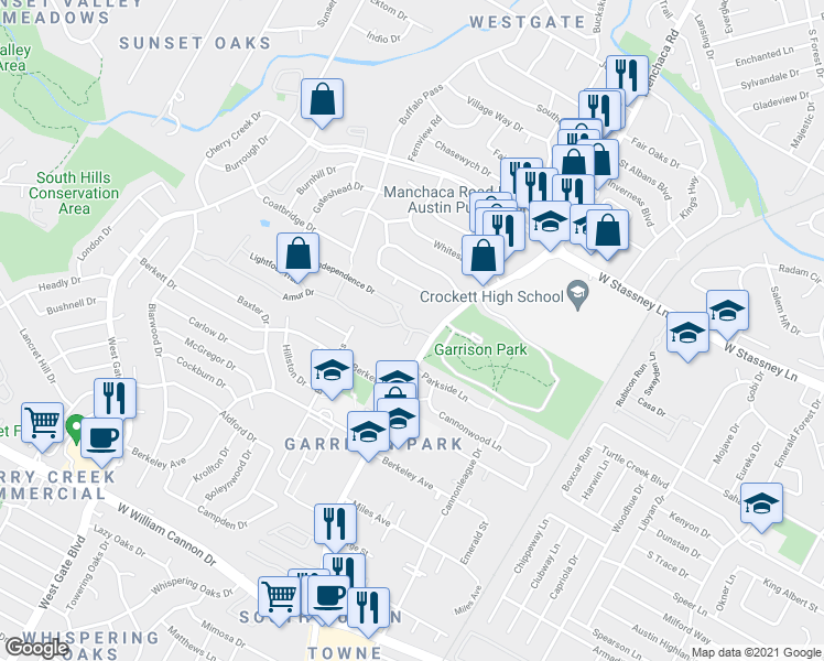 map of restaurants, bars, coffee shops, grocery stores, and more near Independence Drive & Wilcott Court in Austin