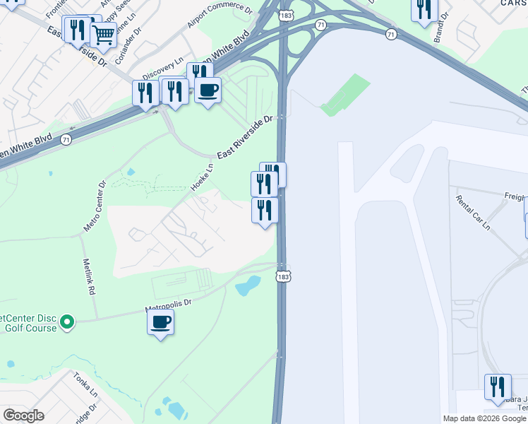 map of restaurants, bars, coffee shops, grocery stores, and more near 2410 U.S. 183 in Austin