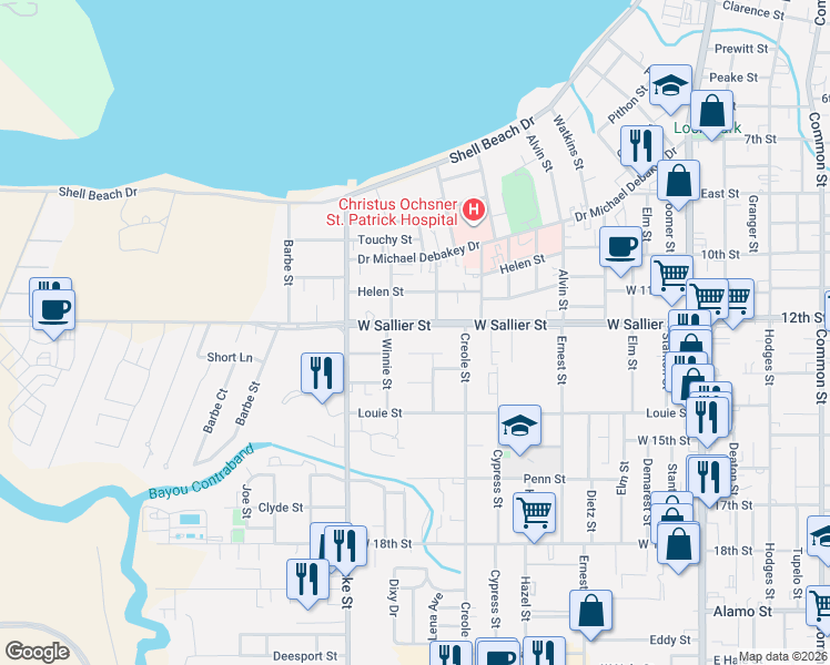 map of restaurants, bars, coffee shops, grocery stores, and more near 603 West Sallier Street in Lake Charles