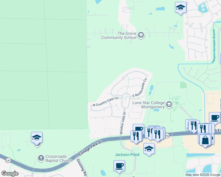 map of restaurants, bars, coffee shops, grocery stores, and more near 222 West Northcastle Circle in Conroe