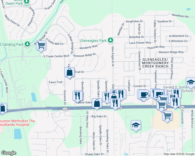 map of restaurants, bars, coffee shops, grocery stores, and more near 6349 Sandy Oaks Drive in Conroe