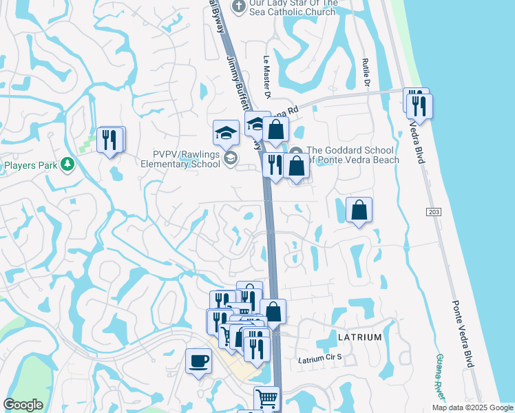 map of restaurants, bars, coffee shops, grocery stores, and more near 7 Arbor Club Drive in Ponte Vedra Beach