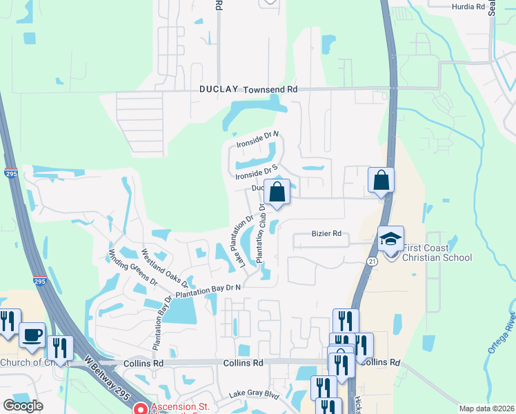 map of restaurants, bars, coffee shops, grocery stores, and more near 7434 Plantation Club Drive in Jacksonville