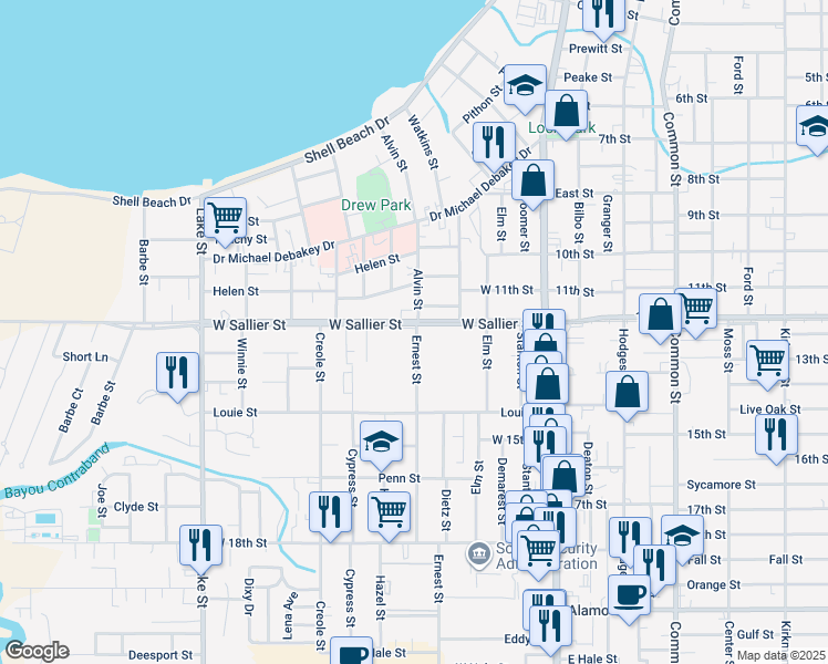 map of restaurants, bars, coffee shops, grocery stores, and more near 226 West Sallier Street in Lake Charles