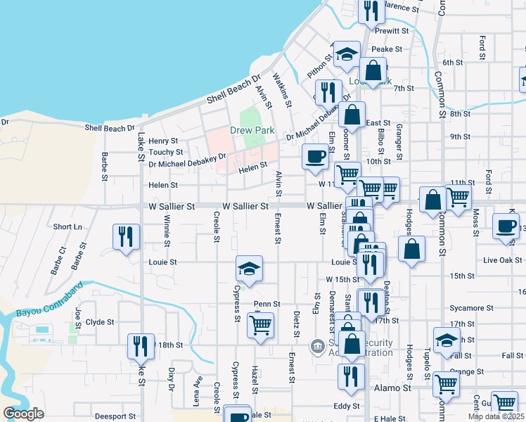 map of restaurants, bars, coffee shops, grocery stores, and more near 309E West Sallier Street in Lake Charles