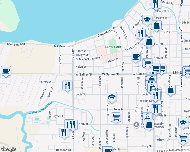 map of restaurants, bars, coffee shops, grocery stores, and more near 510-532 West Sallier Street in Lake Charles