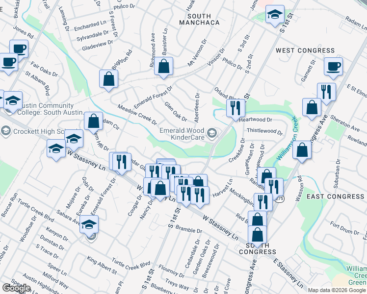 map of restaurants, bars, coffee shops, grocery stores, and more near 5121 Meadow Creek Drive in Austin