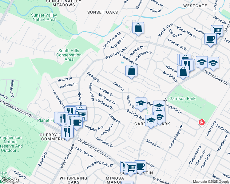 map of restaurants, bars, coffee shops, grocery stores, and more near 2527 Berkett Drive in Austin