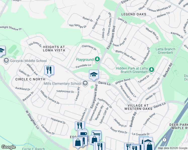 map of restaurants, bars, coffee shops, grocery stores, and more near 6201 Clarion Drive in Austin
