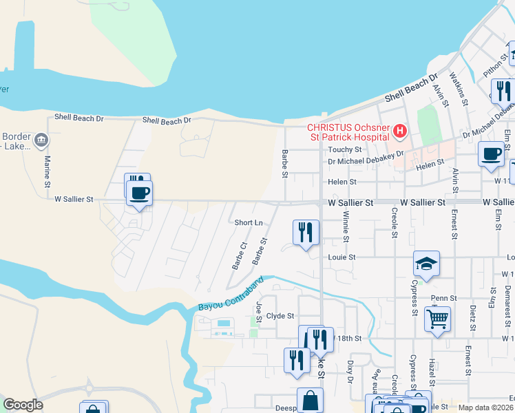 map of restaurants, bars, coffee shops, grocery stores, and more near 1001 West Sallier Street in Lake Charles
