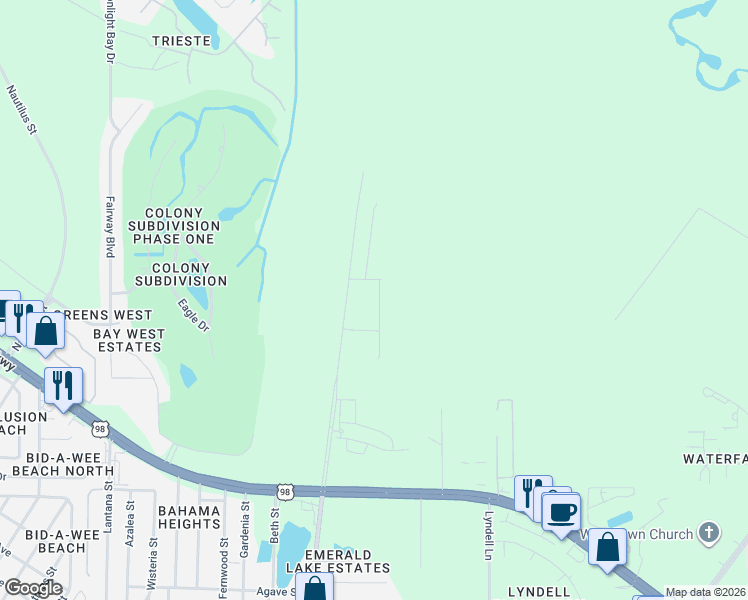 map of restaurants, bars, coffee shops, grocery stores, and more near 271 Phillips Bluff Avenue in Panama City Beach