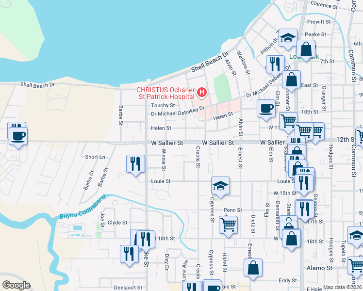 map of restaurants, bars, coffee shops, grocery stores, and more near 603 West Sallier Street in Lake Charles