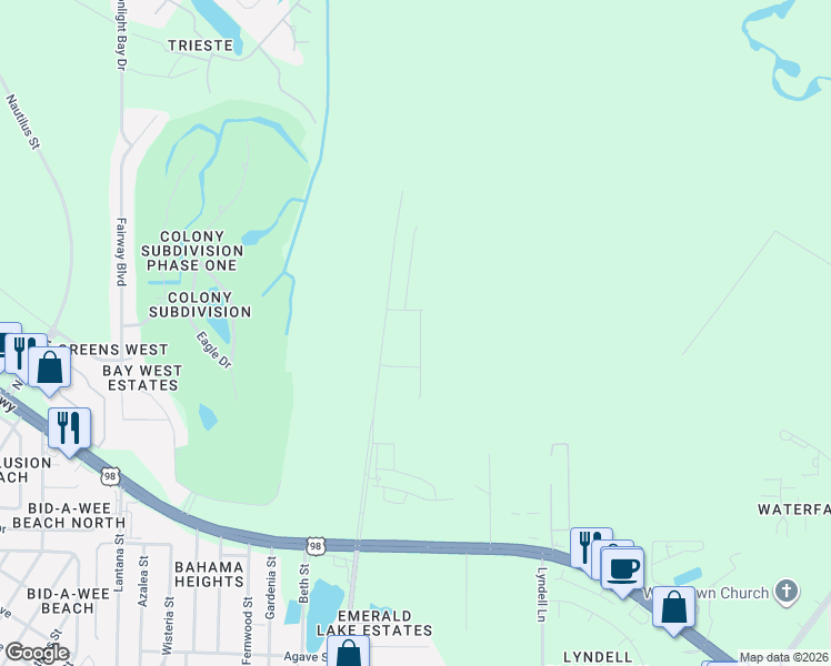 map of restaurants, bars, coffee shops, grocery stores, and more near 271 Phillips Bluff Avenue in Panama City Beach