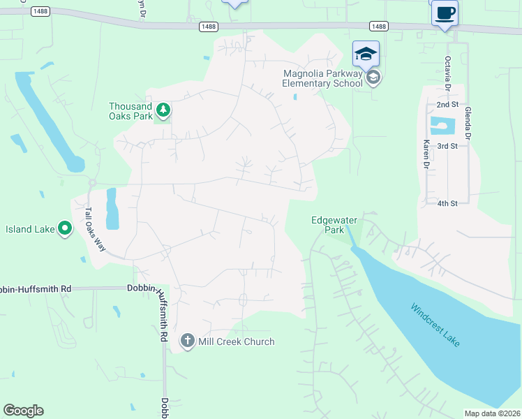 map of restaurants, bars, coffee shops, grocery stores, and more near 11942 Rainy Oaks Drive in Magnolia