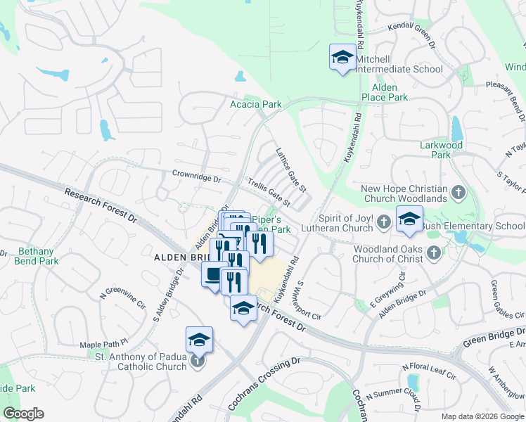 map of restaurants, bars, coffee shops, grocery stores, and more near 59 West Pipers Green Street in Spring