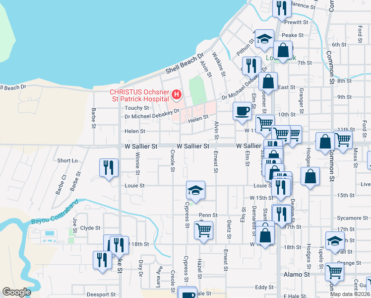 map of restaurants, bars, coffee shops, grocery stores, and more near 423 West Sallier Street in Lake Charles