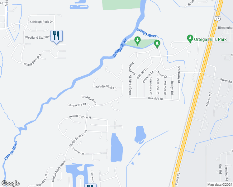 map of restaurants, bars, coffee shops, grocery stores, and more near 7651 Broadhaven Court in Jacksonville
