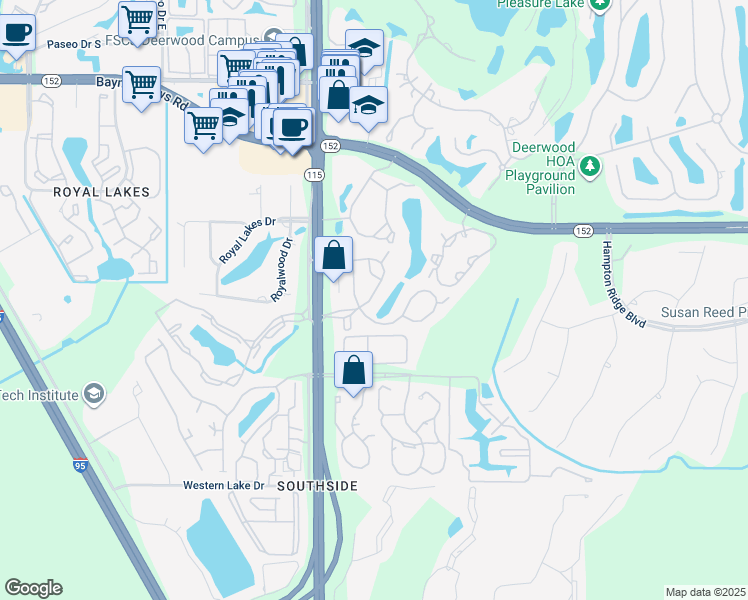 map of restaurants, bars, coffee shops, grocery stores, and more near 8433 Southside Boulevard in Jacksonville