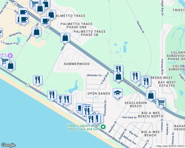 map of restaurants, bars, coffee shops, grocery stores, and more near 134 Oleander Circle in Panama City Beach