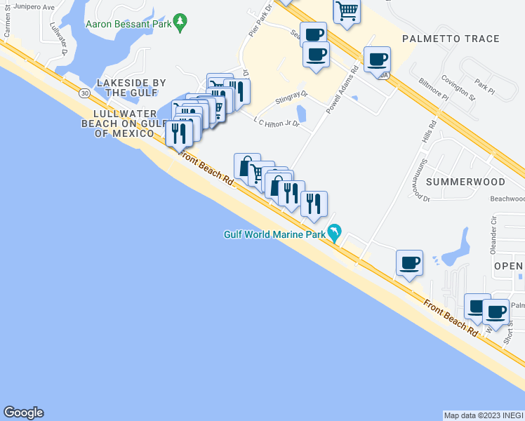 map of restaurants, bars, coffee shops, grocery stores, and more near 15727 Front Beach Road in Panama City Beach