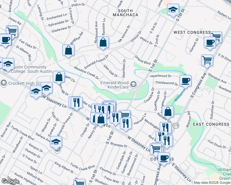 map of restaurants, bars, coffee shops, grocery stores, and more near 5121 Meadow Creek Drive in Austin