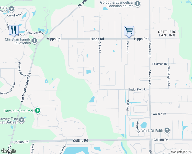 map of restaurants, bars, coffee shops, grocery stores, and more near 7270 Exline Road in Jacksonville