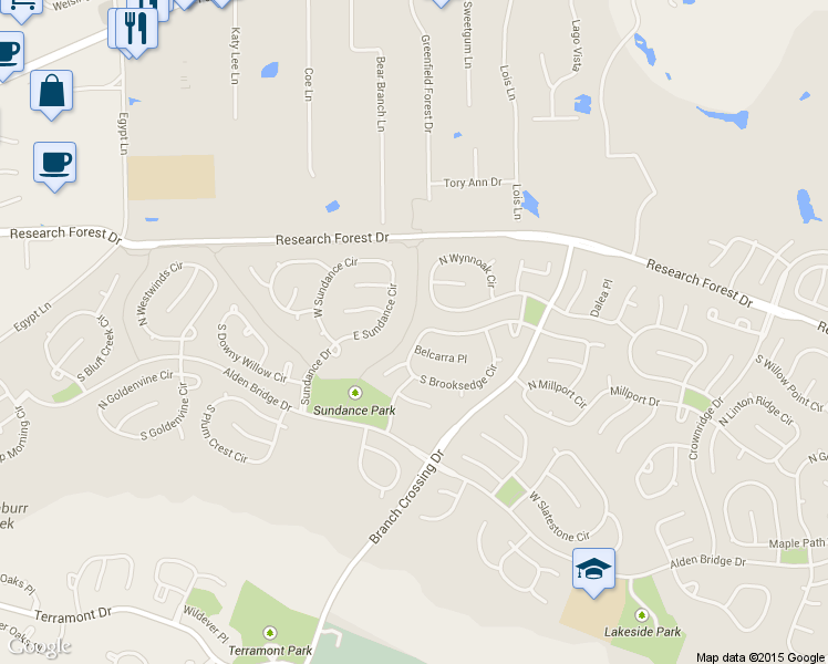 map of restaurants, bars, coffee shops, grocery stores, and more near 94 North Brooksedge Circle in Spring