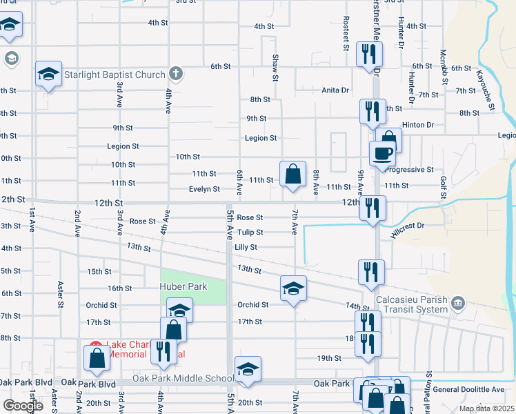 map of restaurants, bars, coffee shops, grocery stores, and more near 2218 12th St in Lake Charles
