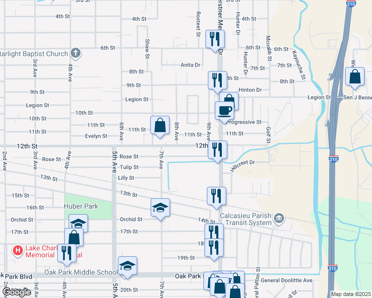 map of restaurants, bars, coffee shops, grocery stores, and more near 2416 12th St in Lake Charles