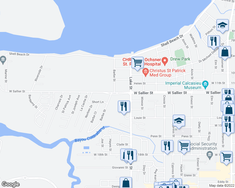 map of restaurants, bars, coffee shops, grocery stores, and more near 815 West Sallier Street in Lake Charles
