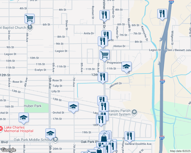 map of restaurants, bars, coffee shops, grocery stores, and more near 2446 12th St in Lake Charles