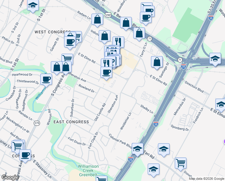 map of restaurants, bars, coffee shops, grocery stores, and more near 508 Sheraton Avenue in Austin