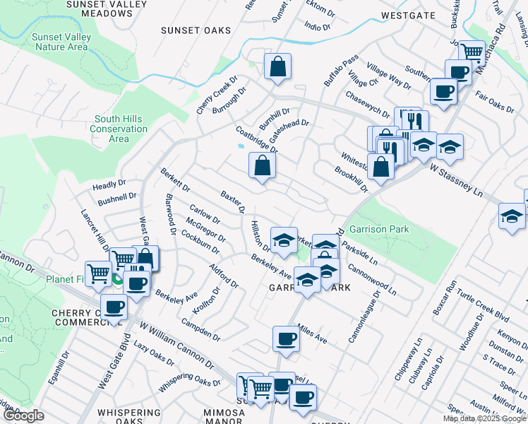 map of restaurants, bars, coffee shops, grocery stores, and more near 6201 Hillston Drive in Austin
