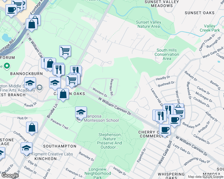 map of restaurants, bars, coffee shops, grocery stores, and more near 6803 Rearden Road in Austin
