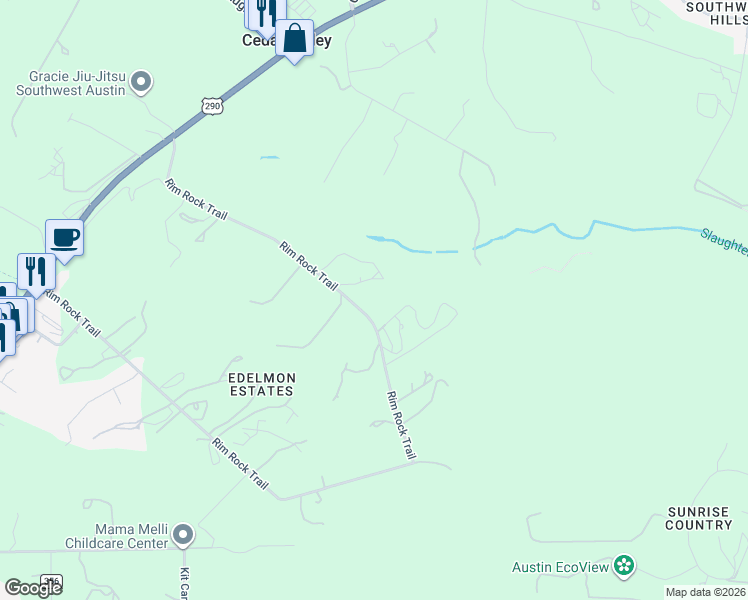 map of restaurants, bars, coffee shops, grocery stores, and more near 11411 Rim Rock Trail in Austin