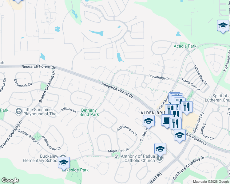 map of restaurants, bars, coffee shops, grocery stores, and more near 30 Willow Point Place in Spring