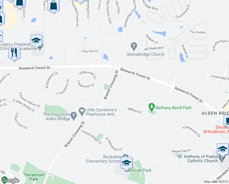 map of restaurants, bars, coffee shops, grocery stores, and more near 66 Hidden Meadow Drive in Spring