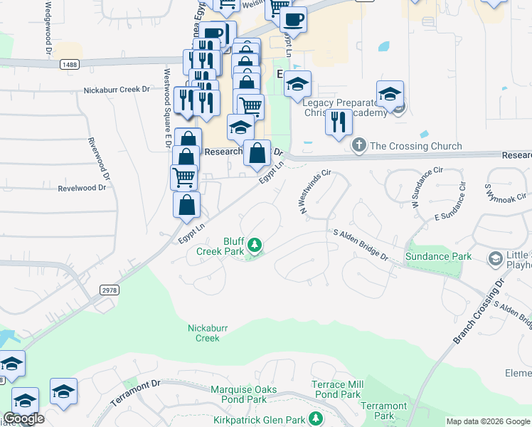 map of restaurants, bars, coffee shops, grocery stores, and more near 82 South Bluff Creek Circle in Spring