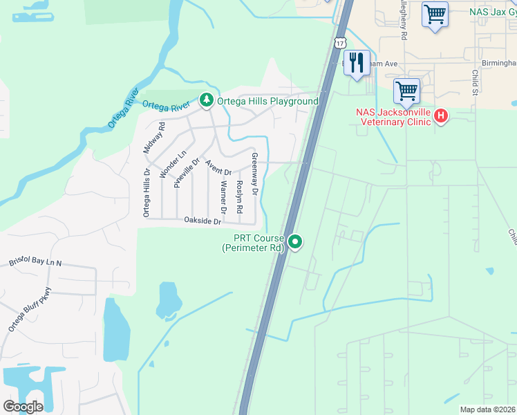 map of restaurants, bars, coffee shops, grocery stores, and more near 7469 Greenway Drive in Jacksonville