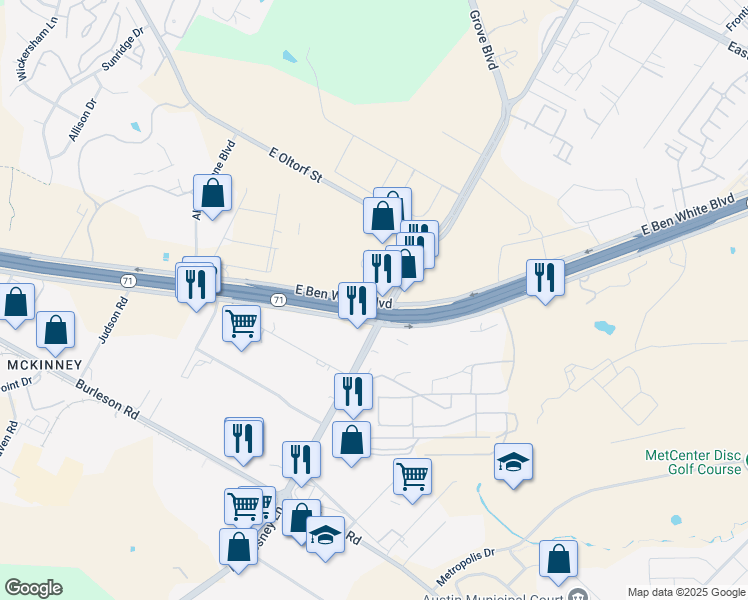 map of restaurants, bars, coffee shops, grocery stores, and more near 6200 E Ben White Blvd in Austin