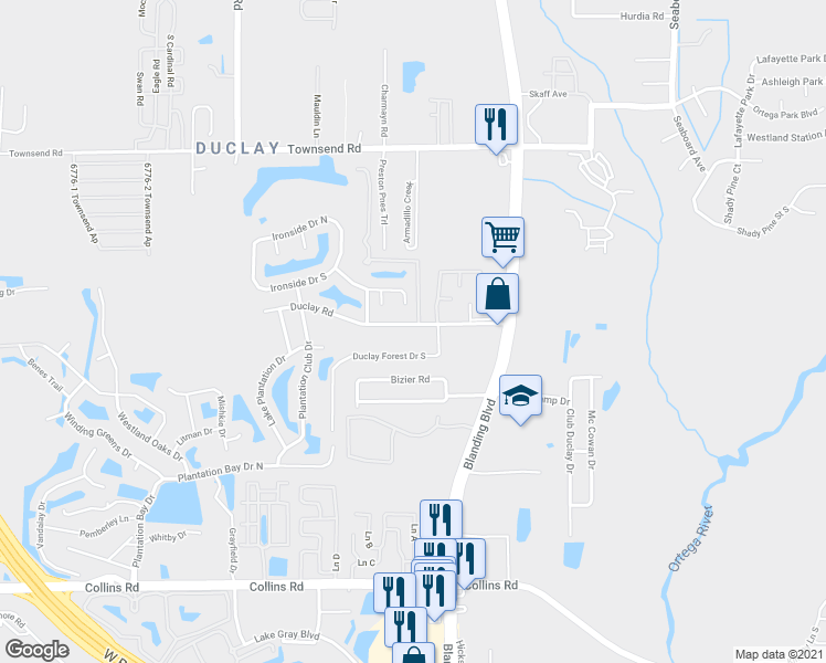 map of restaurants, bars, coffee shops, grocery stores, and more near 6140 Duclay Road in Jacksonville
