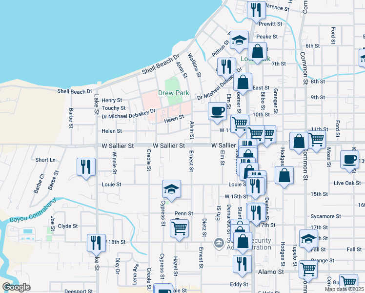 map of restaurants, bars, coffee shops, grocery stores, and more near 309E West Sallier Street in Lake Charles