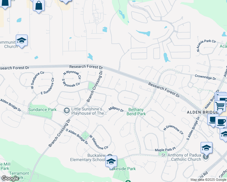 map of restaurants, bars, coffee shops, grocery stores, and more near 42 Wildflower Trace Place in The Woodlands