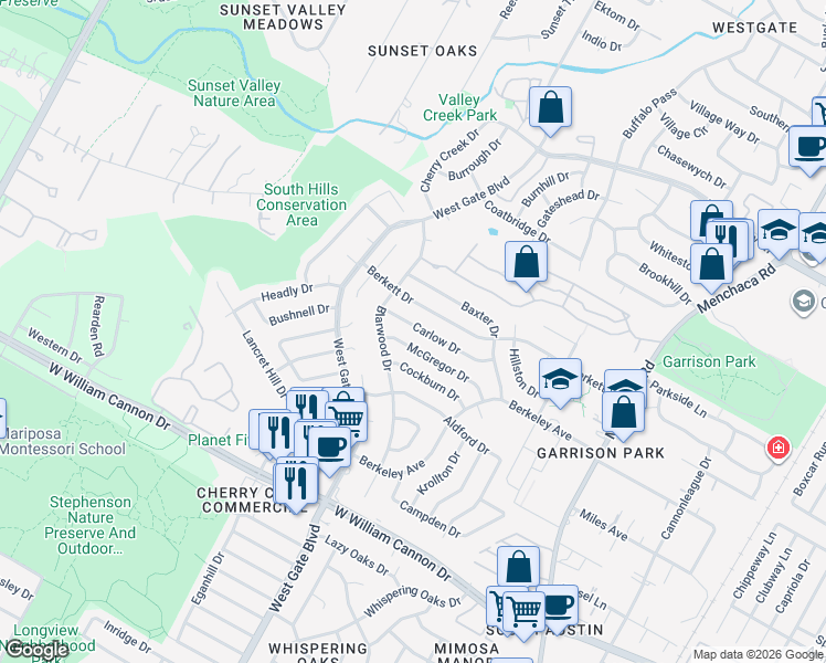 map of restaurants, bars, coffee shops, grocery stores, and more near 2611 Carlow Drive in Austin