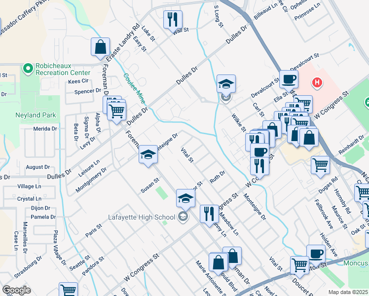 map of restaurants, bars, coffee shops, grocery stores, and more near 302 Vital Street in Lafayette