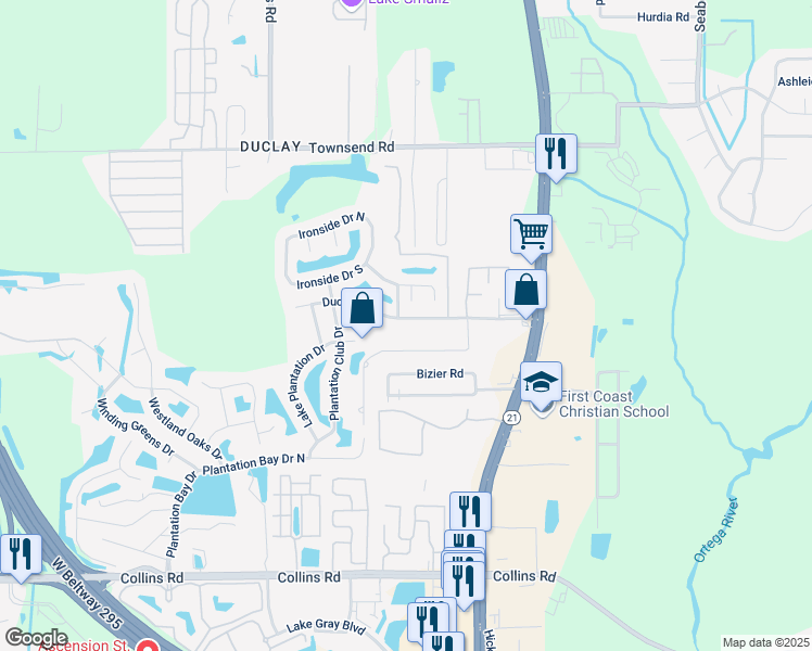 map of restaurants, bars, coffee shops, grocery stores, and more near 6202 Duclay Road in Jacksonville