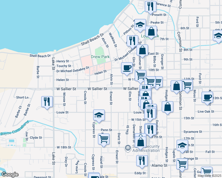 map of restaurants, bars, coffee shops, grocery stores, and more near 226 West Sallier Street in Lake Charles
