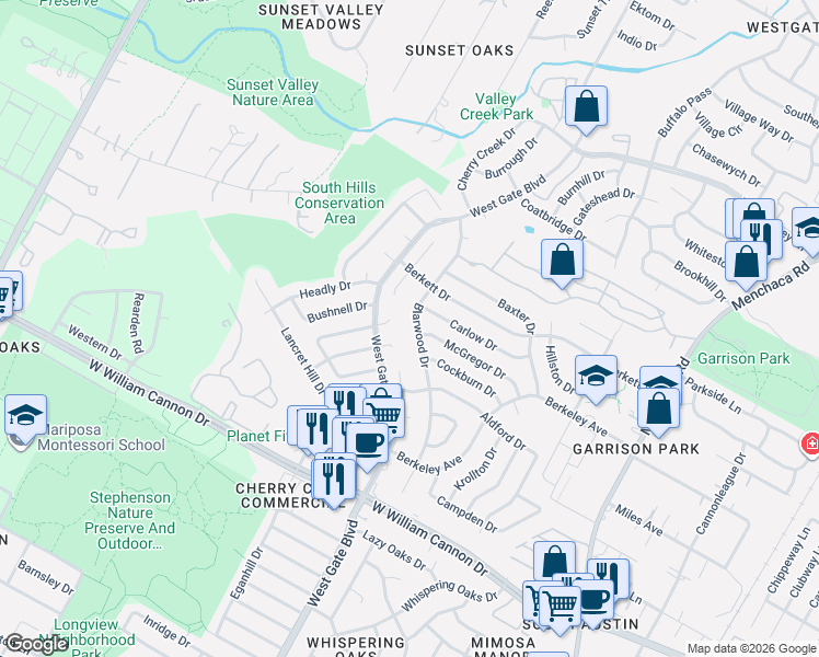 map of restaurants, bars, coffee shops, grocery stores, and more near 6306 Blarwood Drive in Austin