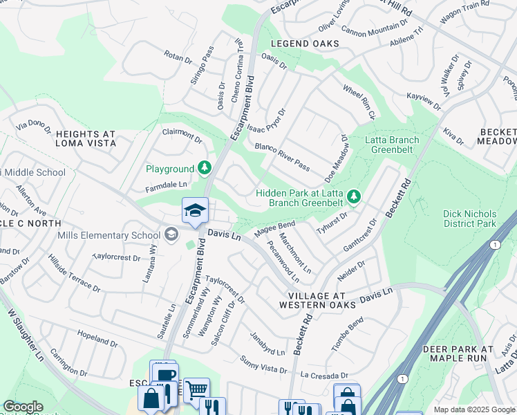 map of restaurants, bars, coffee shops, grocery stores, and more near 6011 San Pablo Court in Austin