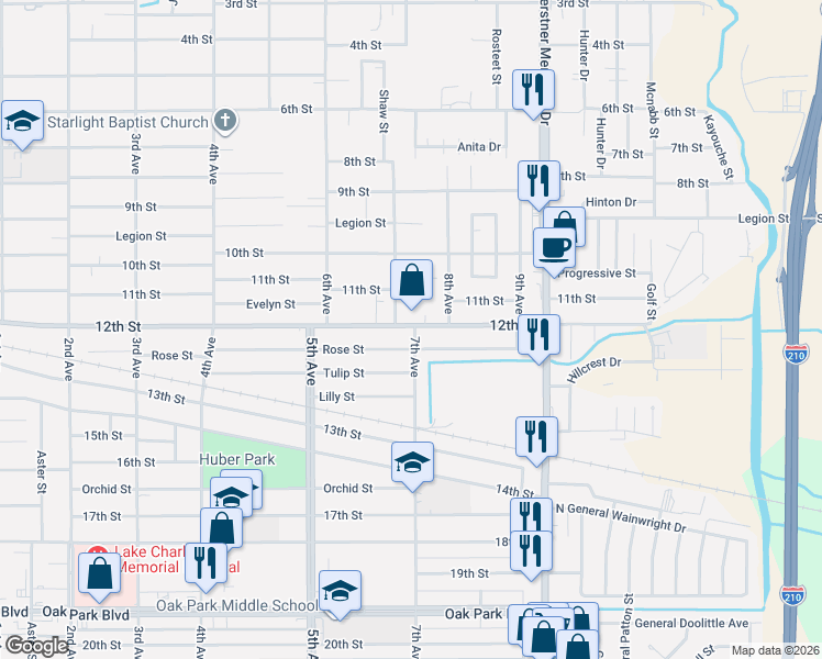 map of restaurants, bars, coffee shops, grocery stores, and more near 2312 12th Street in Lake Charles